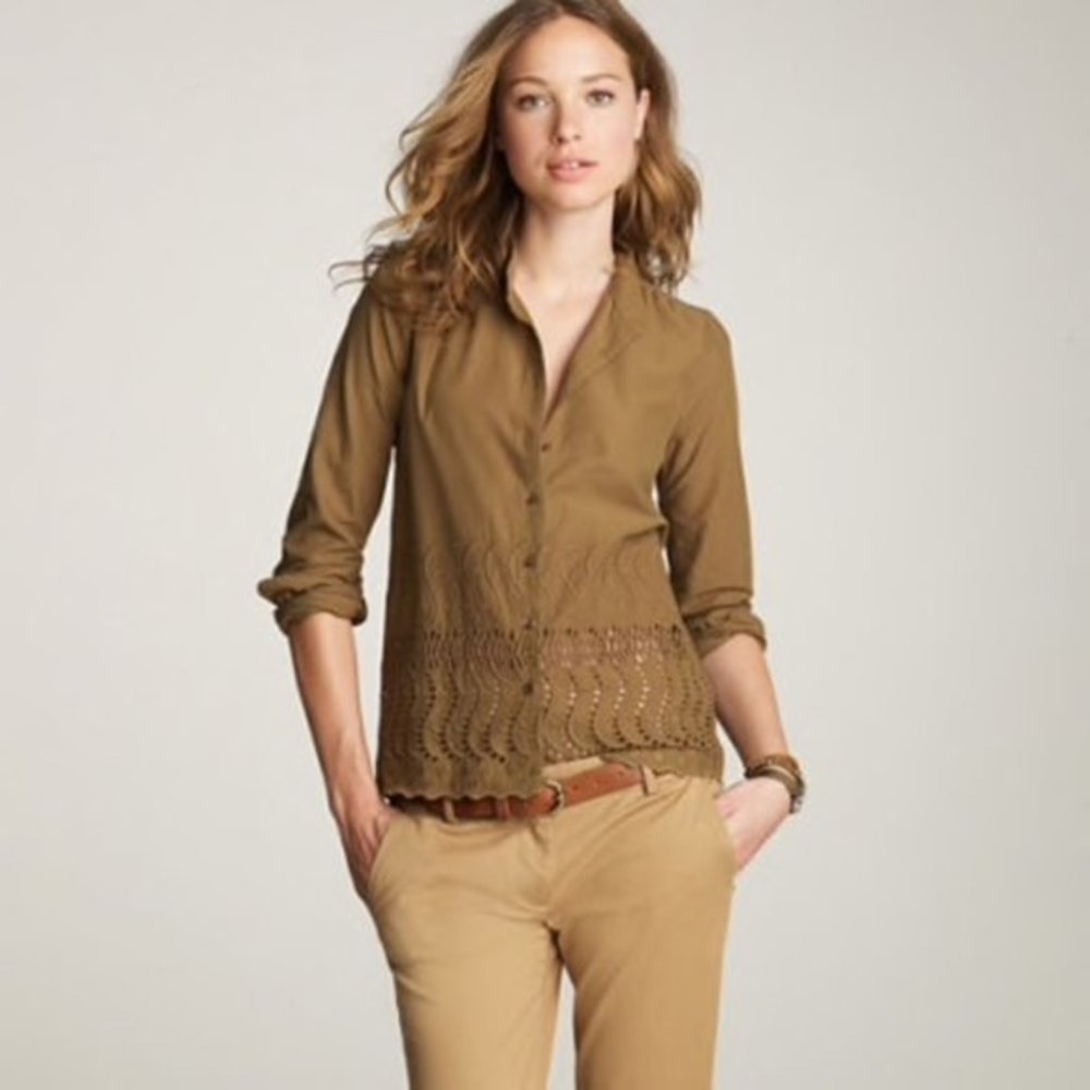 J Crew Brown Green Delaney Eyelet Trim Shirt Sz 6